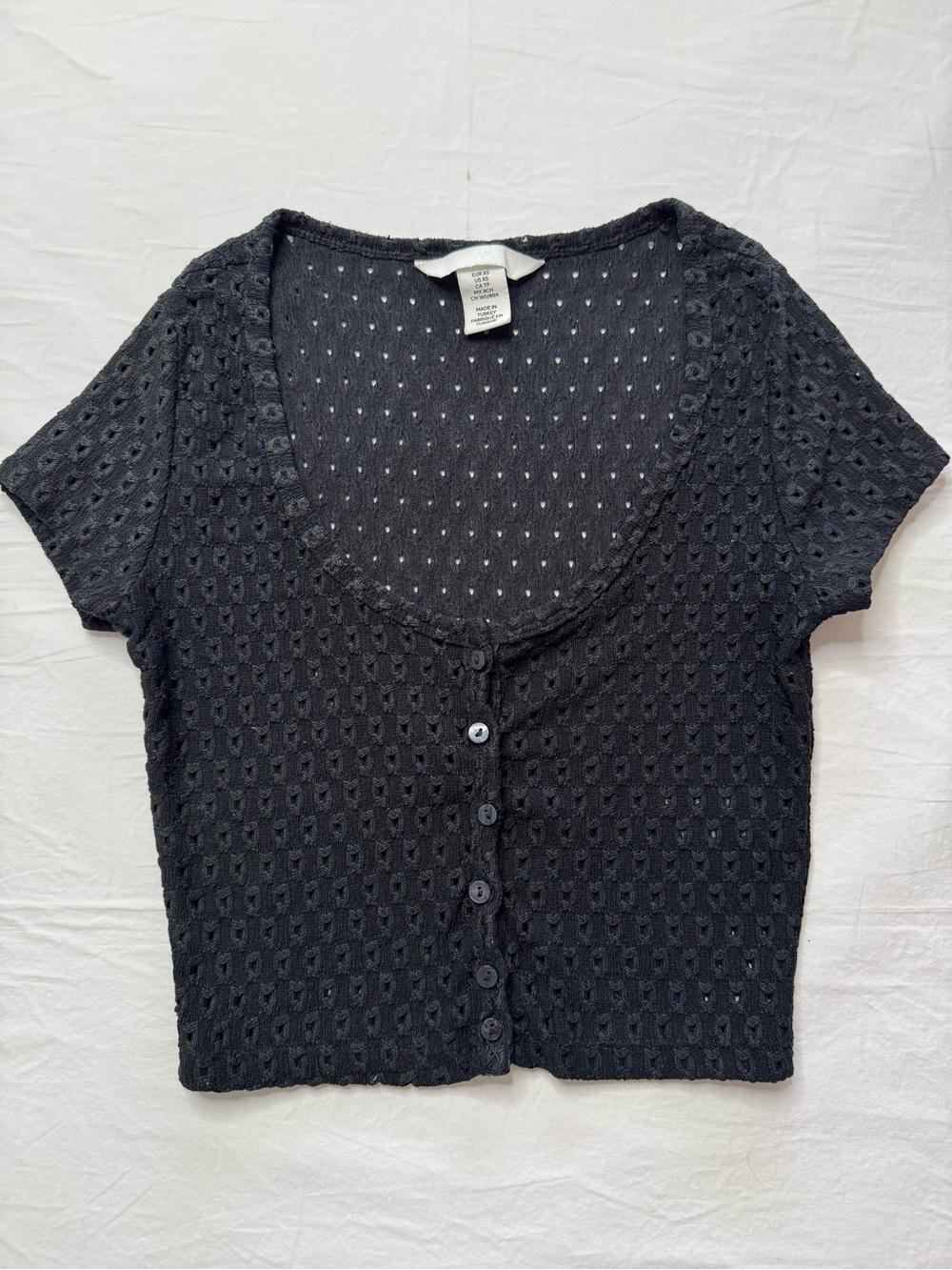 H&M - Black Crochet Short Sleeve Button-Front Crop Top